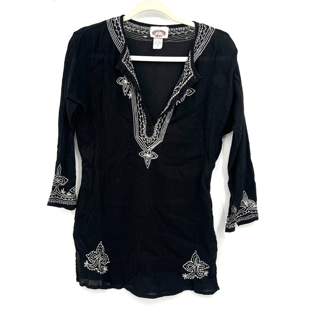 Peppermint Bay 100%β cotton gauze tunic black white popover boho India top M